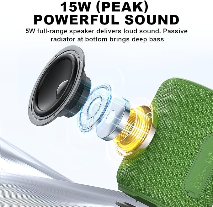 Bobtot Portable Speaker Bluetooth, IPX6 Shower Speaker Waterproof, 15H Playing Time, Loud and Stereo Sound with Bass, Dual Pairing for Party, Camping, Travel, Green