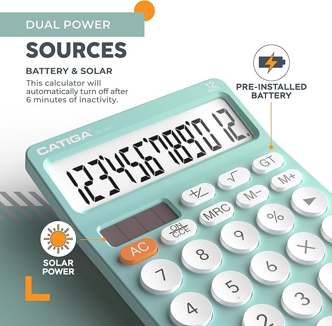 CATIGA 12 Digit Desktop Calculator Basic Desk Calculator with Large LCD Display, Big Buttons, 4 Function, Solar and Battery Dual Power, for Office, School, Home, SD-1292 Fresh Blue