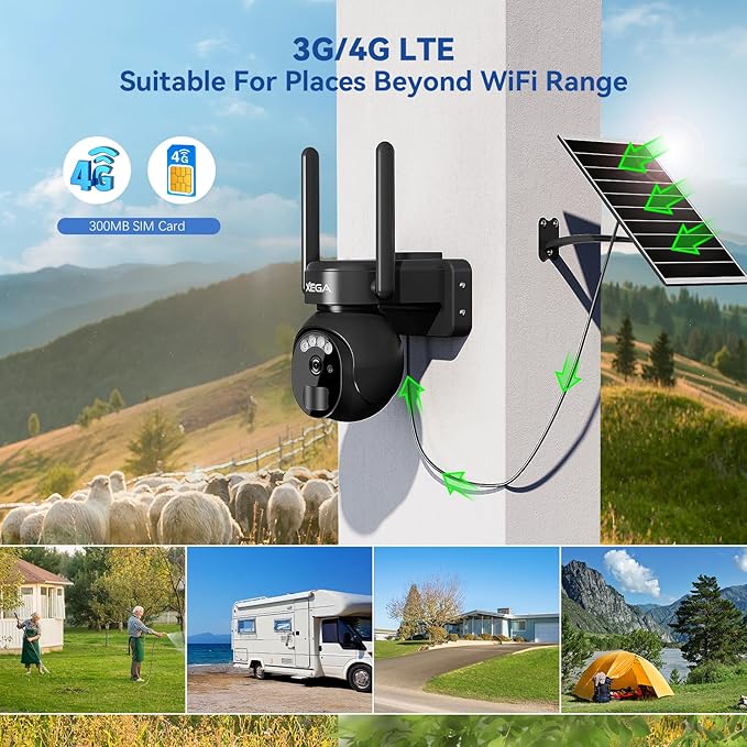 Xega 4G LTE Security Camera No WiFi with SIM Card 2K Super HD Solar Powered Wireless Outdoor 4G Security Camera PIR Motion Sensor Night Vision 2 Way Talk 【Built in SIM Card】