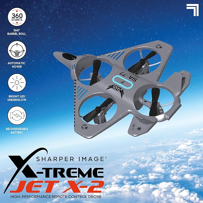 Sharper Image® X-Treme Jet X-2 High-Performance Remote Control Drone, 2.4 GHz Long Range Wireless Control, Advance Auto-Pilot with 360 Barrel Roll, 7-piece, Grey, Age 8+