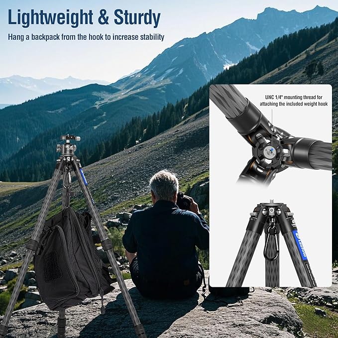 LEOFOTO LS-365CX Professional Camera Tripod, 3/8" Mounting, Folded 3", Length 60”, 5 Section, Compact Carbon Fiber 1.77kg Lightweight Tripod Stand for DSLR Video Camcorder, Max Load 44lbs/20kg