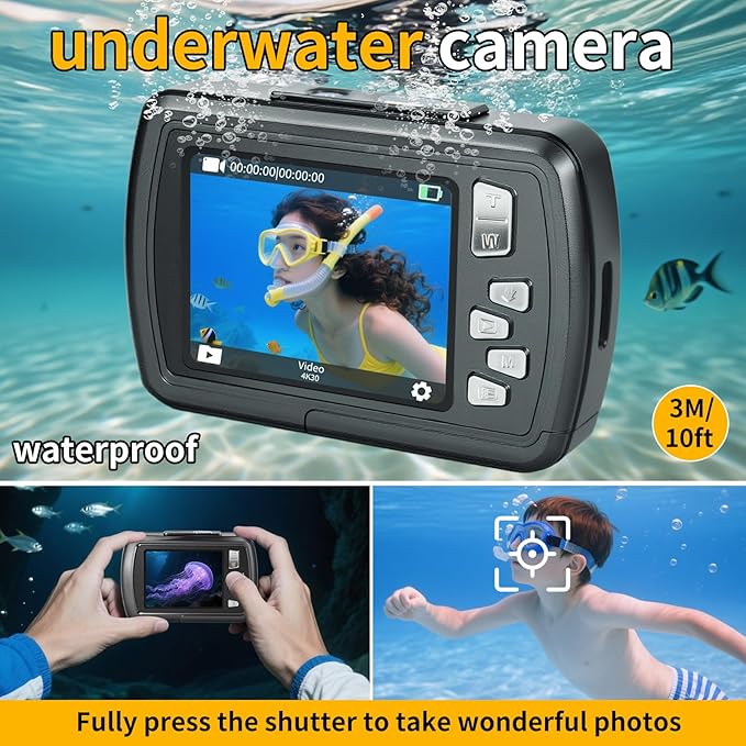 Digital Camera - 4K 48MP 10FT UHD Underwater Camera Snorkeling with 32GB Card, Waterproof Camera for Snorkeling Floatable, Point Shoot Digital Camera Gift for Boys Girls Kids