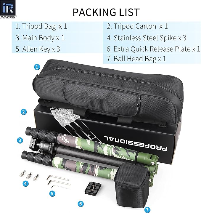 Carbon Fiber Tripod-INNOREL RT85CG Super Professional Stand with Low Gravity Center 360° Panoramic Ballhead and Green Camouflage Leg Covers for Digital DSLR Camera