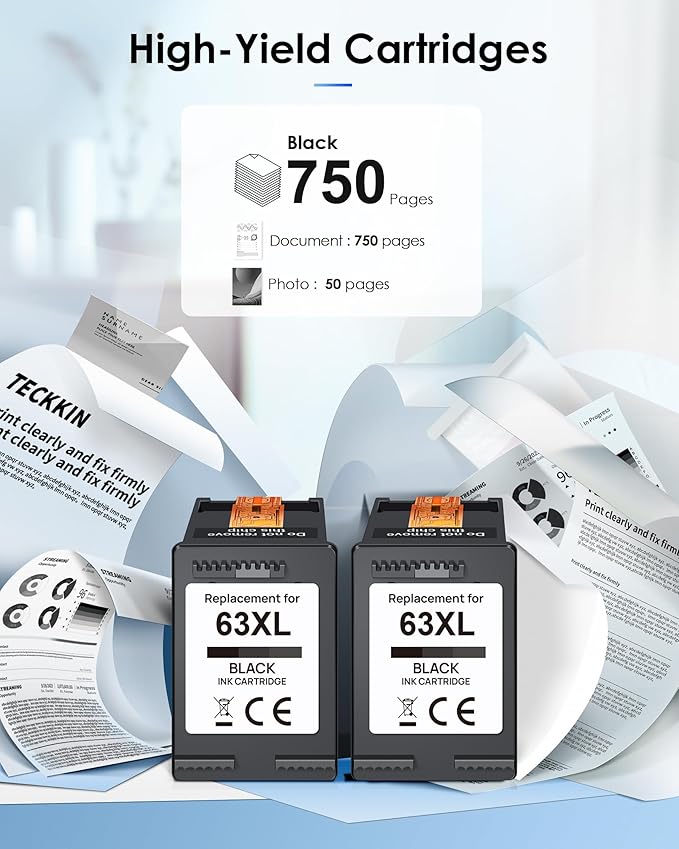 63XL Black High-Yield Ink Cartridge for HP 63 Black Ink Cartridge Replacement for HP Ink 63 Works with HP OfficeJet 3830 4650 5255 5258 Envy 4520 4512 DeskJet 1112 2130 3630 F6U64AN (2 Black Pack)