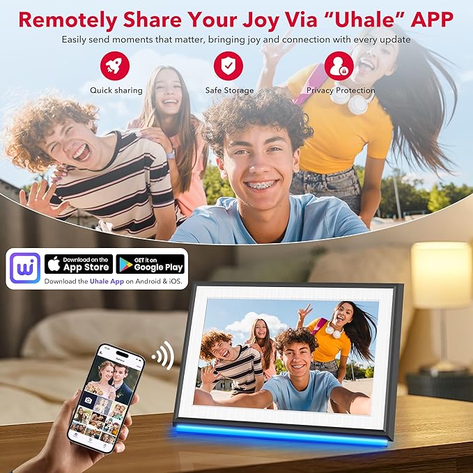 RCA 10.1" WiFi Digital Picture Frame Uhale App Photo Frames Electronic HD IPS Touch Screen Display with 32GB Memory LED Lights, Support USB/SD Card, Slideshow, Instantly Share Photos Videos