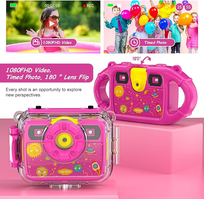 Ourlife Kids Underwater Camera,Waterproof Cameras Toys for Toddler,1080P 2.4'' Large Screen Cam Digital Camera with 8GB Card,Fill Light,Christmas Birthday Gift for Girls Ages 3-12 (Pink)