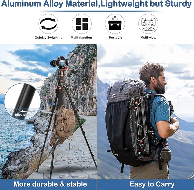2 in1 Tripod for Camera & Hunting Tripods, 68" Camera Tripods & Monopods with Removable Handle, Aluminum Rifle Tripod & Shooting Stand, Heavy Duty Tripods for DSLR,Canon,Nikon,Sony, Extra Carry Bag