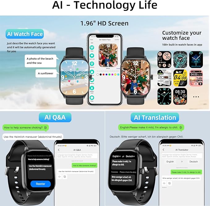 Smart Watch with AI (Built-in GPS + Map), 1.96" HD Fitness Tracker for Men Women, 100+ Sports Modes, Call/Reply/Notification, 24/7 Heart Rate & Sleep Monitor, Waterproof Smartwatch for Android iPhone