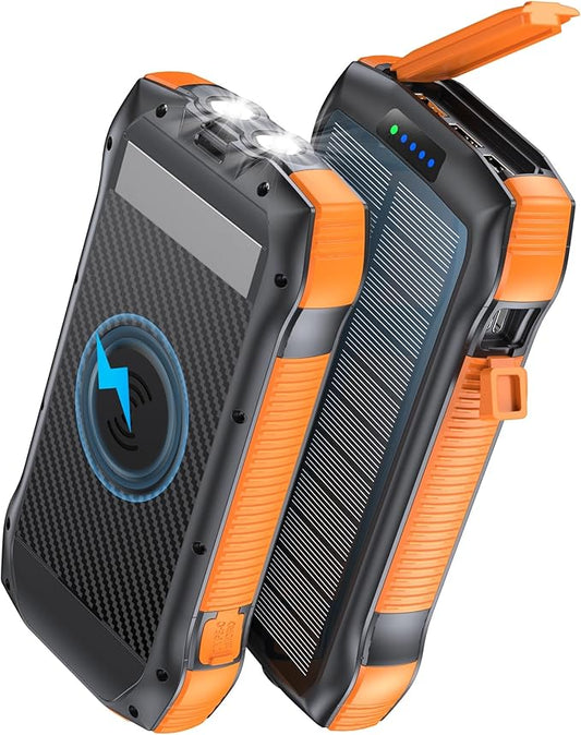 Solar Charger Power Bank, 40000mAh Wireless Portable Charger QC3.0 PD 20W Fast Charging with USB-C in/Output, External Battery Pack with Dual Flashlights Hiking Camping Essential