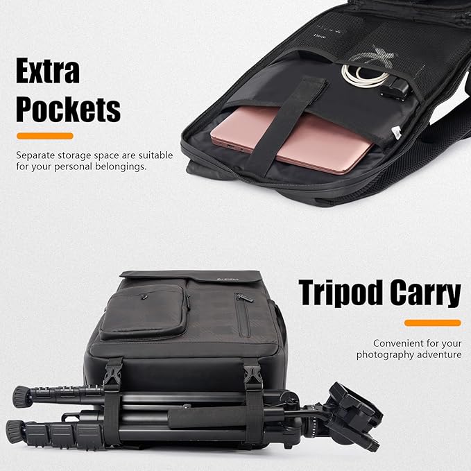 Cwatcun Waterproof Camera Backpack PU Leather Camera Bag with Tripod Holder, 14" Laptop Compartment for Canon Sony Nikon SLR DSLR Mirrorless Camera, Lens, Travel Photography Camera Bag Case