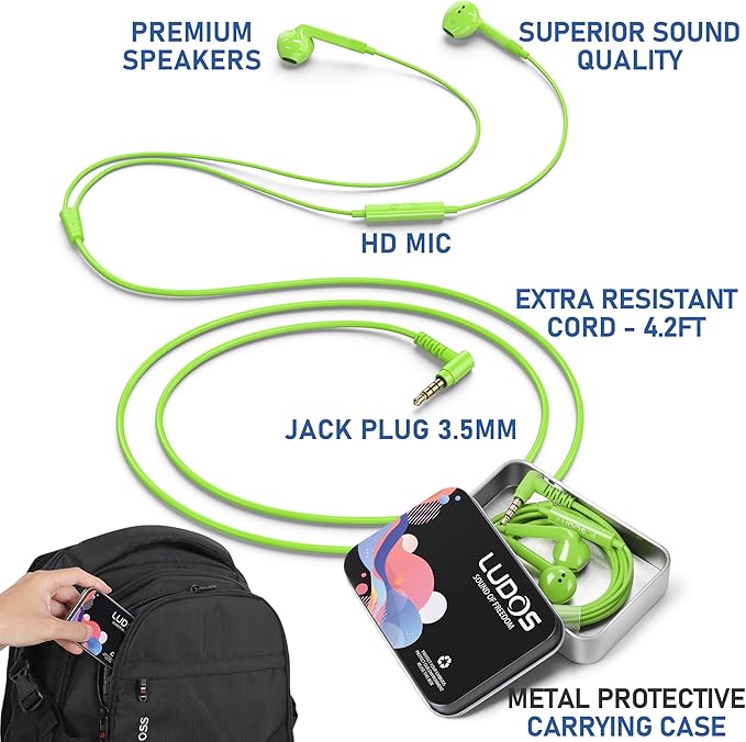 LUDOS FEROX Wired Earbuds in-Ear Headphones, 5 Years Warranty, Earphones with Microphone, Noise Isolation Corded for 3.5mm Jack Ear Buds for iPhone, Samsung, Laptop, Kids, School Students - Green