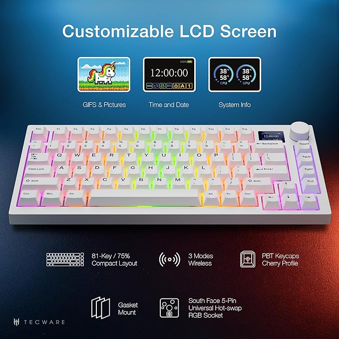TECWARE Spectre 75% RGB Mechanical Gaming Keyboard with Customizable LCD Screen, Multi-Function Knob, Gasket Mount, South Face 5-Pin Universal Hot-Swappable Sockets White Candy Red Switch