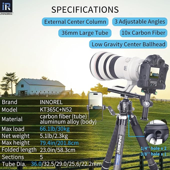 INNOREL Carbon Fiber Compact Tripod KT365C Professional 36mm Tube 5 Sections Heavy Duty Camera Stand for Digital DSLR Video Camcorder with 52mm Low Profile Panoramic Ballhead Center Column Load 30kg