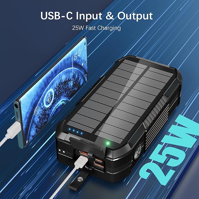 Solar Charger Wireless Power Bank 70000mAh Built in 2 Cables and Hand Crank, Portable Charger 22.5W Fast Charger 6 Outputs & 4 Inputs External Battery Pack with Bright Flashlight and Compass