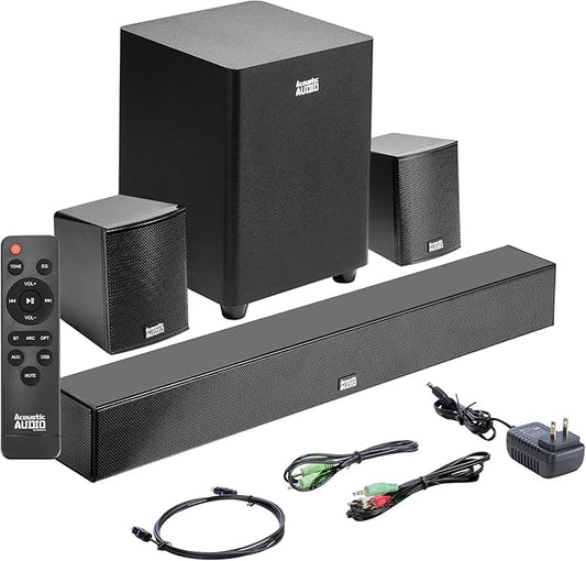 Acoustic Audio 5.1 Surround Sound Home Theater Sound Bar with Bluetooth, RCA, Optical, ARC, AUX, Wireless Subwoofer and Remote Control - AA5190 (Black)