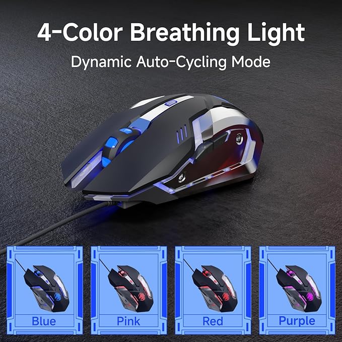EWEADN G3 Wired Gaming Mouse, 2400 DPI Wired Optical Mouse with 6 Programmable Macro Buttons, Metal Base, 4-Color Breathing Light for PC/Laptop/Windows-Black