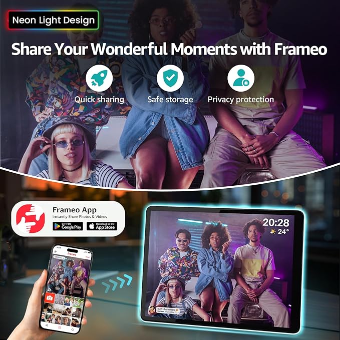 Apolosign 10" Neon Light Digital Frame, 2K Resolution, The Best Digital Picture Frame for Gifting | with 2.5D Glass IPS Touchscreen, WiFi, 32GB Storage, Warm Ambient & Auto Color Transformation LED