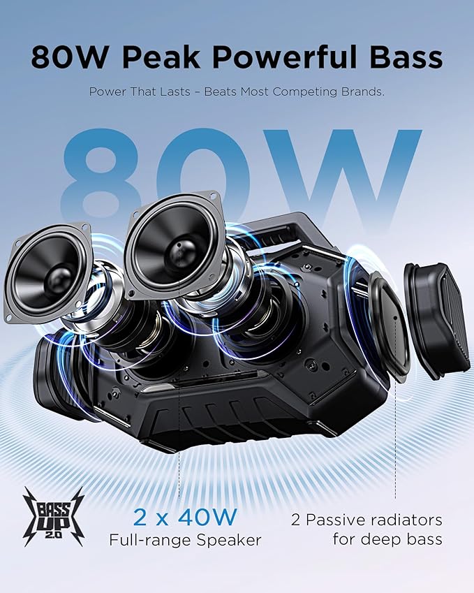 Bluetooth Outdoor Speakers, 80W(Peak) Loud Wireless Speaker, 30H Playtime, RGB Lights, BassUp 2.0, IPX6 Waterproof, TWS, Bluetooth 6.0, Portable Boombox for Party, Pool, Beach (Yellow)