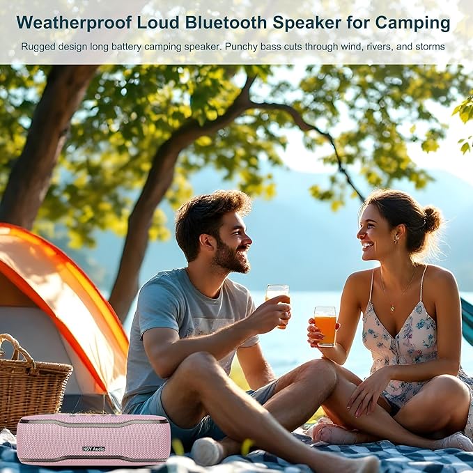 Pink Bluetooth Speaker, IPX7 Waterproof Outdoor Wireless Speaker, 24H Playtime, LED Lights, TWS Pairing, Ideal for Pool, Beach, Birthday Gifts for Teen Girls, Pink