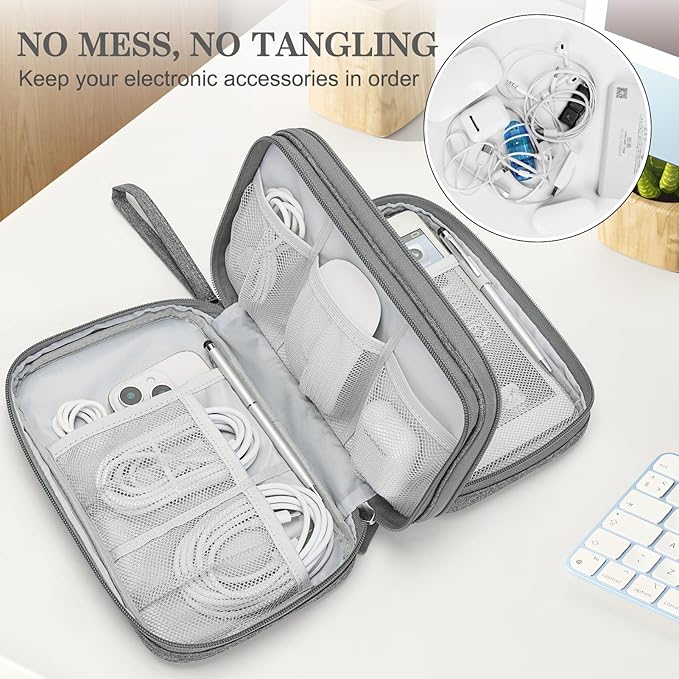 FYY Electronic Organizer, Large Travel Cable Organizer Bag Pouch Electronic Accessories Carry Case Portable Waterproof Double Layers All-in-One Storage Bag for Cable, Cord, Charger, Phone, Dark Grey