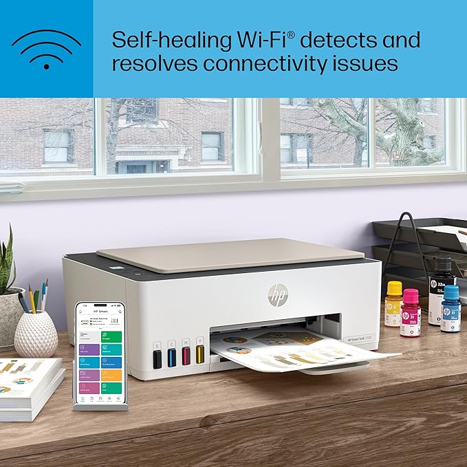 HP Smart Tank 5103 Wireless All-in-One Ink Tank Printer, Scanner, Copier with 2 Years of Ink and 100 Sheets of Photo Paper Included, Best-for-Home, Refillable, AI-Enabled (5D1B2A)