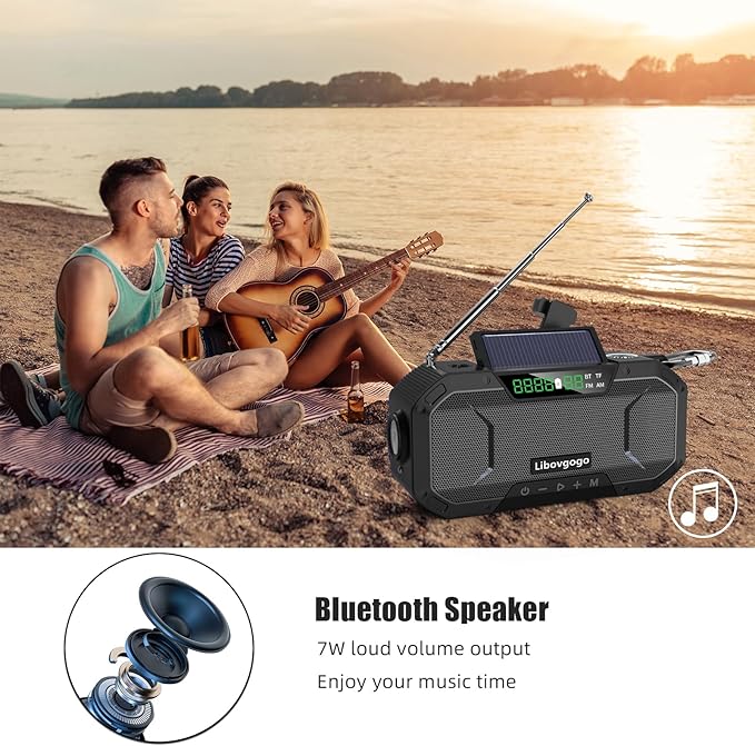 Emergency Radio Waterproof Bluetooth Speaker,Portable Digital AM FM Radio with Flashlight,Reading Lamp,Hand Crank NOAA Weather Radio with Solar Panel,5000mAH Cell Phone Charger,Emergency Survival Kit