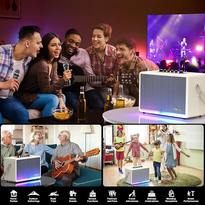 Portable Bluetooth Speaker with 2 Wireless Mics | 70W Peak Deep Bass Birchwood Cabinet | Bluetooth PA System for Outdoor Camping, Backyard| Dynamic LED Lights USB/AUX/OTG Rechargeable Battery (White)