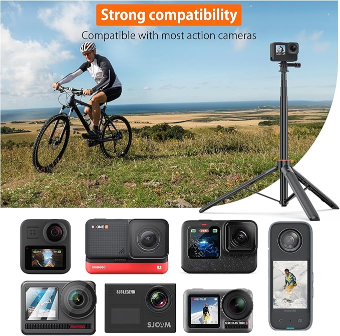VRIG Extendable Selfie Stick Tripod for GoPro Max Hero 10 9 8 7 6 5 4, DJI Osmo Action, Insta 360 One R and More Action Camera（55.1''）