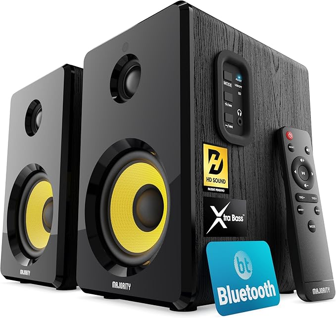 Majority Powered Bluetooth Bookshelf Speakers | Studio Monitors Speaker Set | 2.0 Home Studio Lecturers for PC & Turntables | Bluetooth Powered with RCA, Optical, USB & AUX Playback D40X