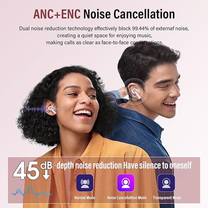 Wireless Earbuds, Bluetooth 5.4 Ear Buds with Multifunctional Touch Screen, 48H Bass Stereo Headphones with ANC/ENC Noise Cancelling/Transparency Mode, IPX7 Earphones with 5 EQ Modes, Rose