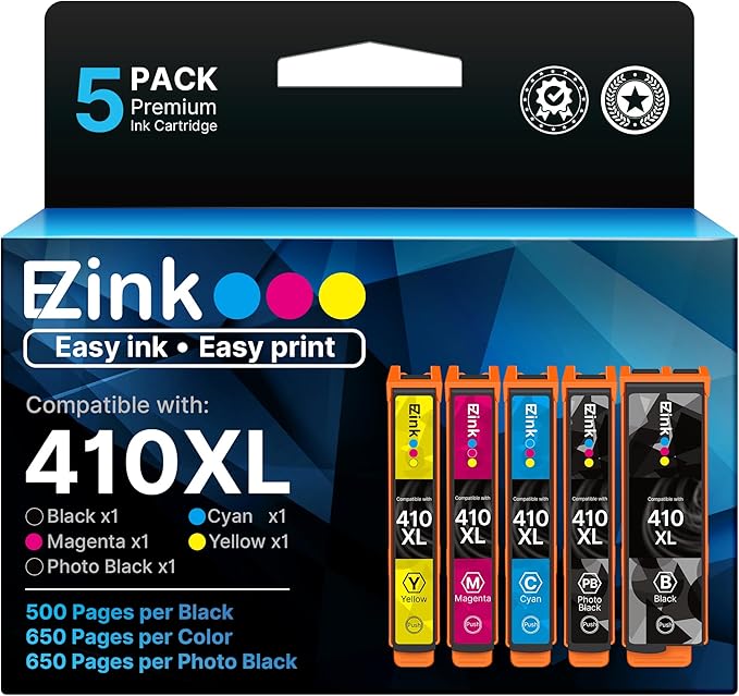 E-Z Ink 410 Ink Cartridges Remanufactured for Epson 410 410XL Printer Ink Cartridges 5 Pack Work with Expression XP-7100 XP-640 XP-830 XP-530 XP-630 XP-635 (Black, Cyan, Magenta, Yellow, Photo Black)