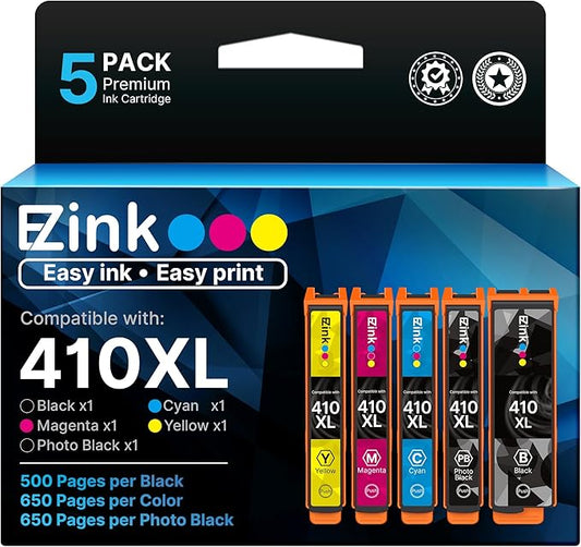 E-Z Ink 410 Ink Cartridges Remanufactured for Epson 410 410XL Printer Ink Cartridges 5 Pack Work with Expression XP-7100 XP-640 XP-830 XP-530 XP-630 XP-635 (Black, Cyan, Magenta, Yellow, Photo Black)