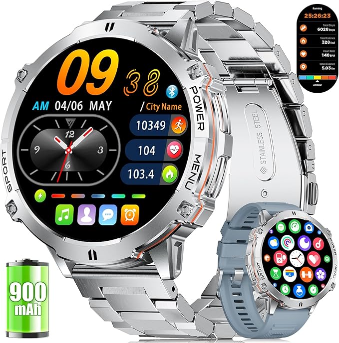 LIGE Smart Watches for Men with Compass/Barometer, 1,73'' HD AMOLED Large Display 3ATM Military Smartwatch with 900mAh Battery, 130+ Sports Modes, 24/7 Heart Rate/Sleep Monitor for Android iOS, Silver