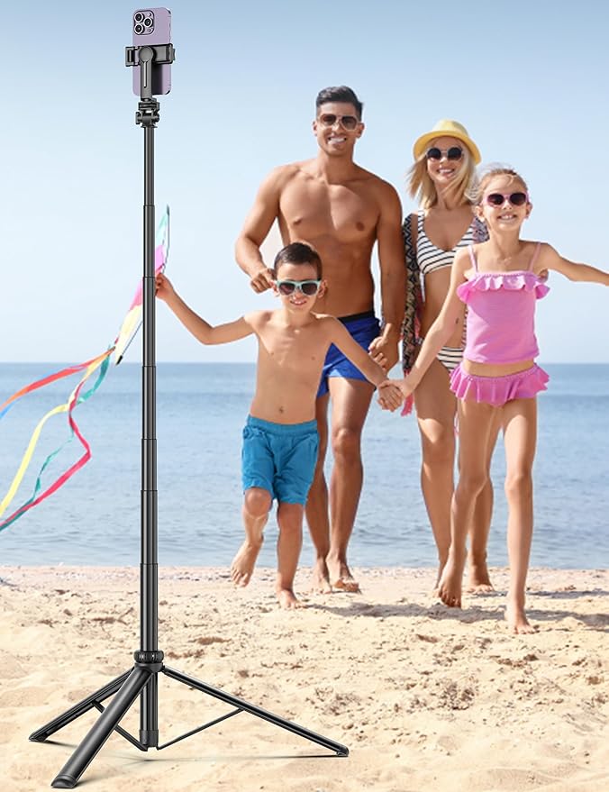 75" Phone Tripod, Selfie Stick with Remote and Phone Holder, Extendable Tripod for iPhone, Aluminum Cellphone TripodStand 360° Rotation Travel Tripods Compatible with iPhone Android, GoPro