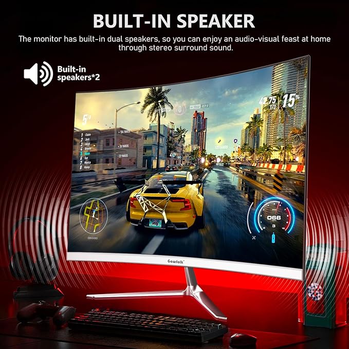 24.5 Inch Gaming Curved Monitor Built-in Speakers, 3000R 120Hz White PC Screen Full HD 1080P, HDMI 2.0, VGA, Wall Mount Compatible 75 * 75mm