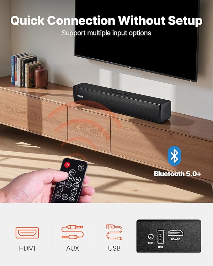 VEVOR Sound Bar for Smart TV, 2.0 Channel, 17-Inch Compact Soundbar TV Speakers for Projector, Bluetooth AUX Connection, Remote Control, Easy Setup, 80W Surround Sound System for PC Home Theater Audio