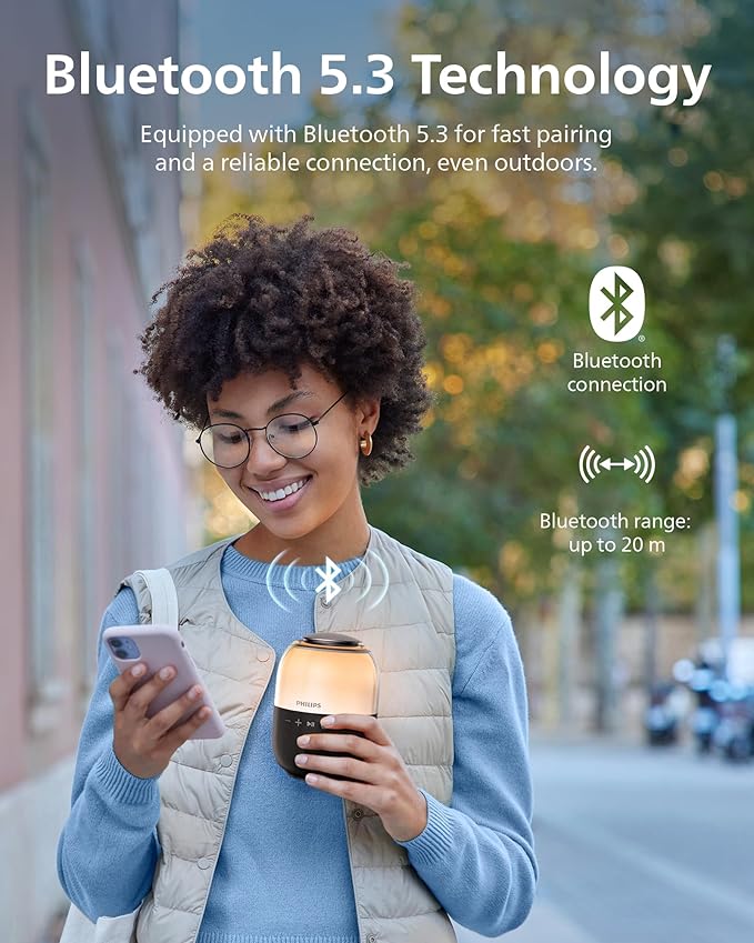 Philips S2108 Portable Bluetooth Speaker, 5W RMS, 7H Playtime, TWS Stereo Pairing, LED Light Effects, USB-C Charging – Punchy bass, Compact Wireless Speaker for Home, Outdoor, Travel