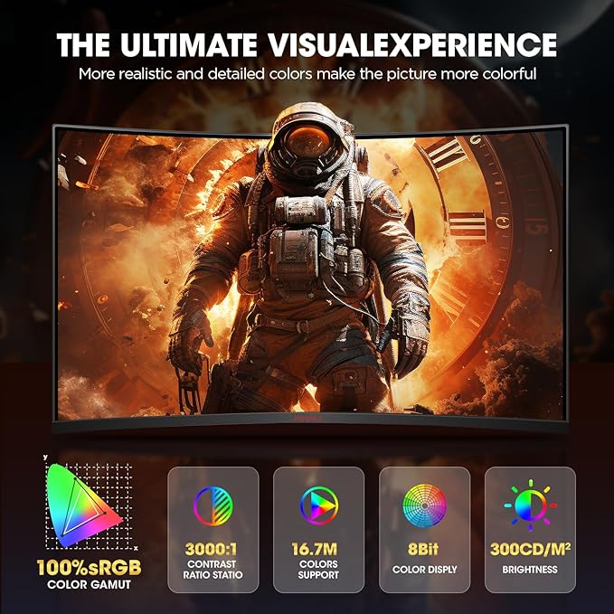 KOORUI 32 inch Curved Gaming Monitor - QHD (2560 x 1440) 2K Display, 170Hz 144Hz Monitor, 1500R Curvature, 1ms, HDR10, Adaptive Sync, Tilt Adjustable, DisplayPort HDMI, Black - 32E6QC