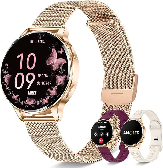 Smart Watches for Women, 1.27″ AMOLED Fitness Tracker with Heart Rate SpO2 Sleep Monitor, 3 Bands, 120+ Sport Modes, Call & Notifications, Smartwatch for Android & iPhone Compatible, 40 mm Rose Gold