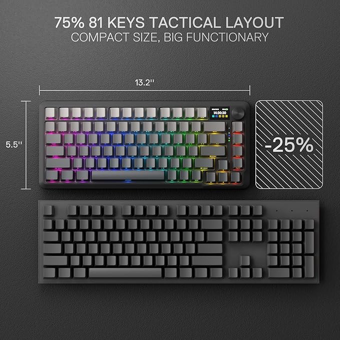 Redragon K724 PRO Wireless Gasket Gaming Keyboard w/Hype 1.14’’ TFT Screen & Knob, 81-Key 75% Mechanical Keyboard, 5-Layer Noise Dampening, Hot-Swap South-Facing RGB Socket, Gradient PBT Keycaps