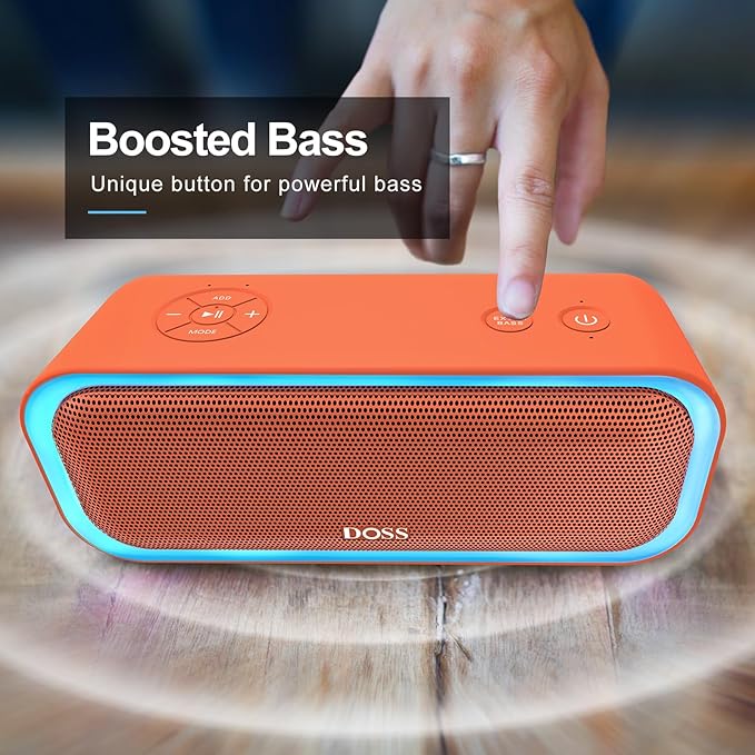 DOSS SoundBox Pro Bluetooth Speaker with 20W Stereo Sound, Active Extra Bass, IPX6 Waterproof, TWS Pairing, Multi-Colors Lights, 20H Playtime, Portable for Beach, Outdoor-Orange