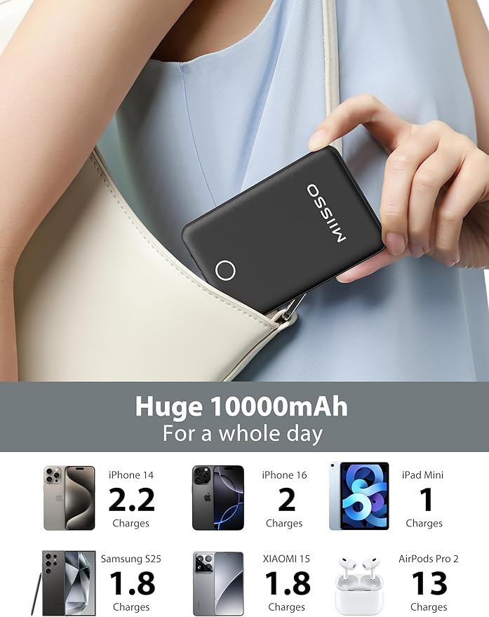 10000mAh Compatible with iPhone 15/16/17 (Only) Slim Portable Charger with Built in Cable, Power Bank Travel Charger External Battery Pack for Phone, 3 Output USB Type C Cord Clutch Charger, Black