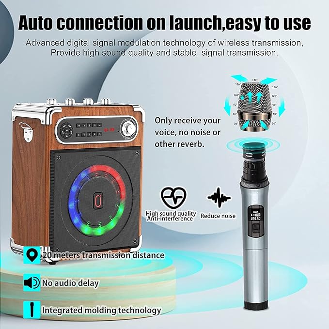 Bluetooth Speaker with Two Wireless Microphones, Outdoor Speaker with Subwoofer/Tweeter, Portable PA Speaker System with Remote Control, Discol Lights, FM, REC for Home, Party