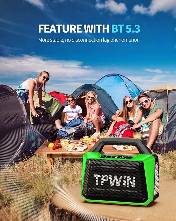 Bluetooth Speaker - 80W Loud Rugged Outdoor Speakers, IPX6 Waterproof, 20H Playtime, Deep Bass, Lightshow, TWS, BT 5.3 Wireless, Portable for Travel Hiking Camping Beach Pool - Green