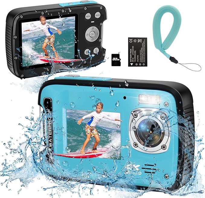 Underwater Camera 4K 48MP Autofocus Selfie Dual Screen Waterproof Camera with Floating Strap and 32GB Card, 17FT Compact Waterproof Digital Camera, Fill Light Underwater Camera for Snorkeling