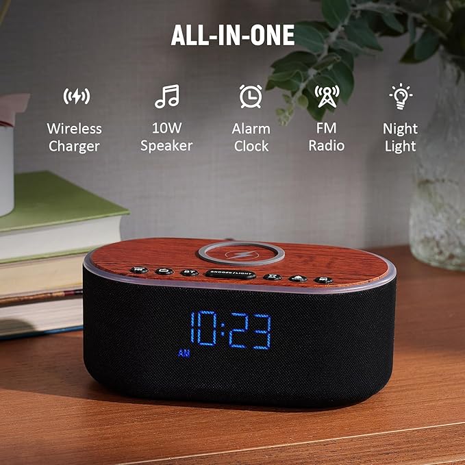 uscce Alarm Clock Bluetooth FM Radio: 10W Stereo Sound Speaker - Fast Wireless Charging for iPhone Samsung - Dimmable Clock Radio for Bedroom