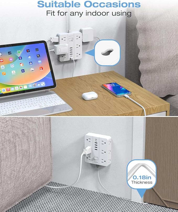 25FT Surge Protector Power Strip,12 AC Outlets with 6 USB Ports (2 USB-C), Flat Plug Extension Cord with Multiple Outlets, Wall Mount for Home Office,Dorm, White