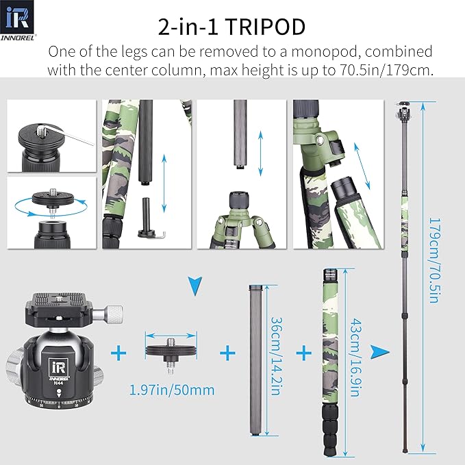 Carbon Fiber Tripod-RT75CG Super Professional Tripod Monopod Heavy Duty Compact Stand Support with 44mm/1.73in Low Gravity Center 360°Panoramic ballhead for Digital DSLR Camera, max Load 20kg/44lb