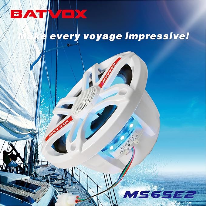 MS65E2 6.5 Inch Marine Speakers with 7-Color LED Lights，2 Way IP67 Waterproof and Weather Resistant Outdoor Stereo Sound System with 300 Watt Max, White (2 Speakers)