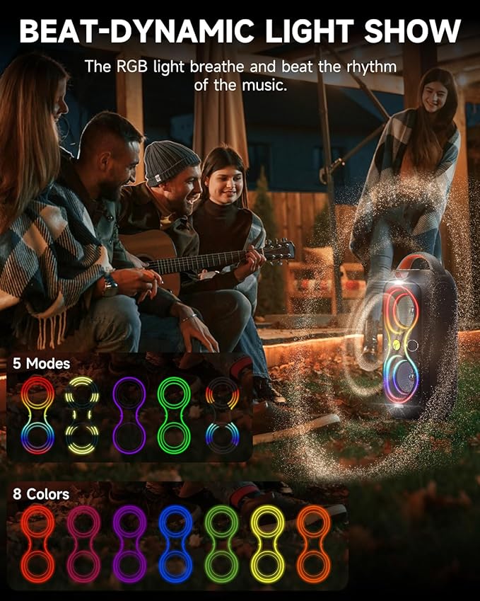 Bluetooth Speakers Wireless- 40W(Peak) 120dB Loud Sound, 8 LED Lights, Bluetooth 5.3, 6-8 Hours Playtime, Protable Handle, FM/USB & Mic Input, Large Portable Speaker for Party,Outdoor,Camping,Beach